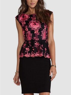 Alice + Olivia Shovan Dress with Black Peplum and Pink Floral Embroidery